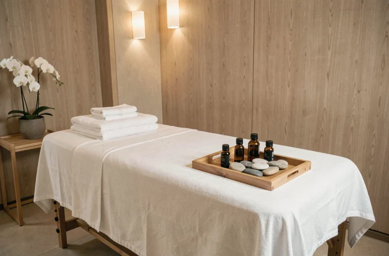Salle de soin spa professionnelle avec table de massage, serviettes blanches et huiles essentielles pour massage thérapeutique