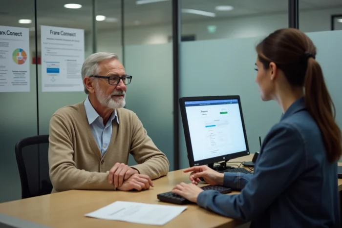 Personne âgée accompagnée par une conseillère administrative pour résoudre un problème de connexion FranceConnect au guichet