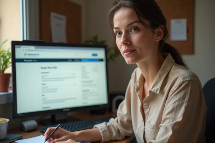 Jeune femme remplissant une simulation de prime d'activité en ligne sur ordinateur portable à domicile