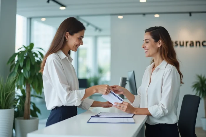 Femme remettant un document à un conseiller en agence d'assurance moto