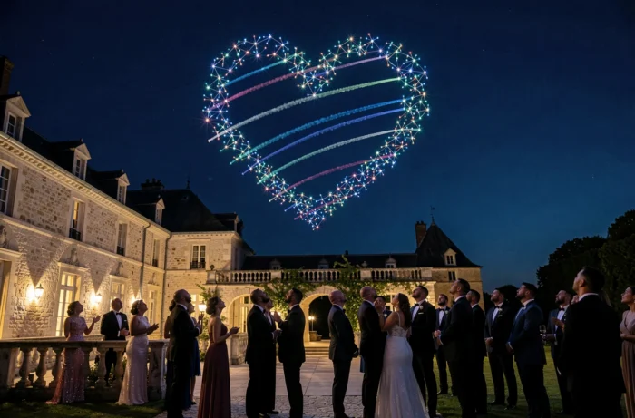 Spectacle de drones lumineux formant un cœur dans le ciel nocturne lors d'un mariage en extérieur, remplaçant le feu d'artifice traditionnel