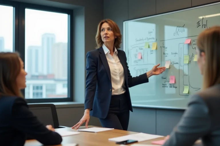 Directrice commerciale présentant une stratégie de croissance B2B sur un tableau blanc dans une salle de réunion moderne