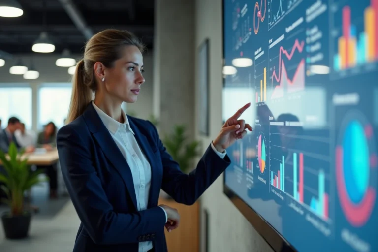 Femme professionnelle présentant une stratégie marketing sur un écran numérique dans un bureau moderne
