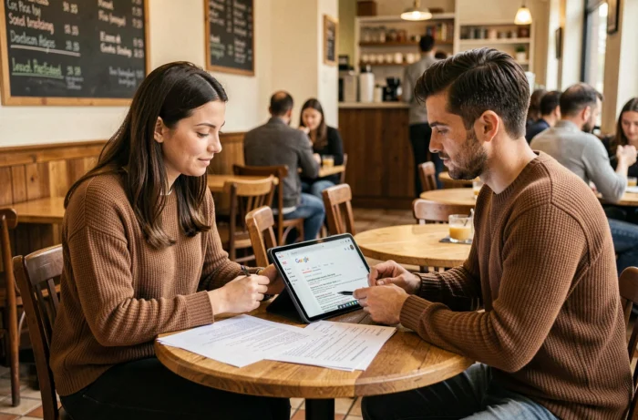 Deux collègues discutant d'une stratégie SEO et de conseils pour optimiser leur présence en ligne dans un café urbain