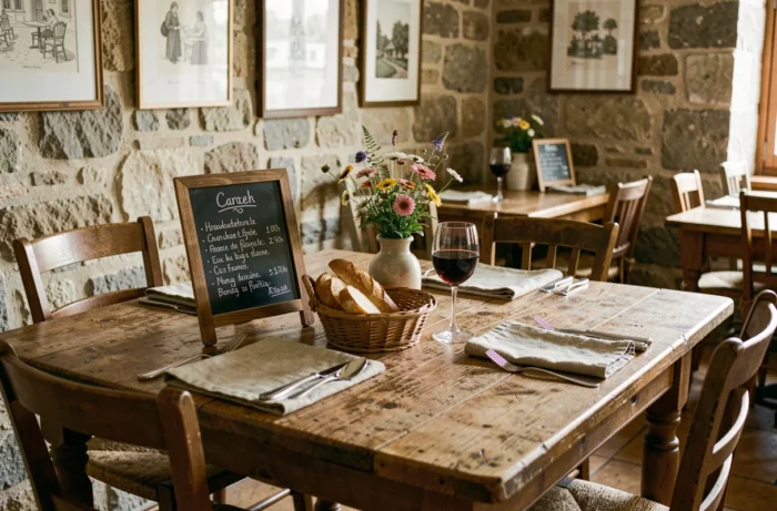 Table dressée dans un bistrot français rustique avec menu ardoise, corbeille de pain et verres de vin rouge sur bois ancien