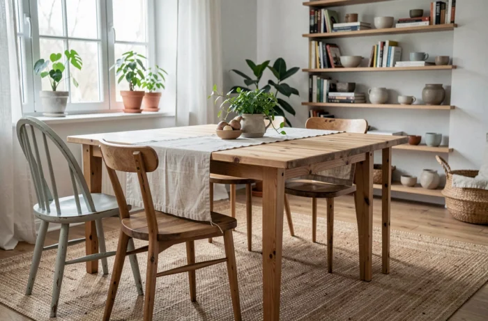 Table en bois fait maison style scandinave dans un salon chaleureux avec décoration naturelle et épurée
