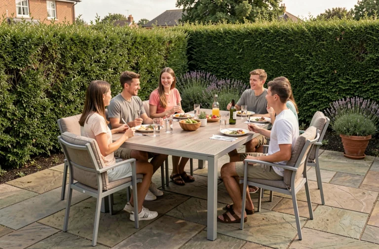 Table de jardin extensible en aluminium gris entourée de huit chaises avec une grande famille réunie pour un repas en terrasse