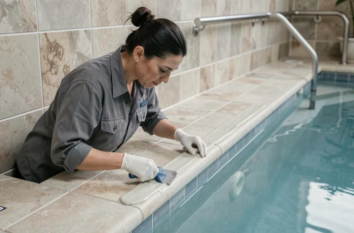 Femme technicienne lissant un joint epoxy frais sur un carrelage de piscine intérieure avec une spatule en caoutchouc
