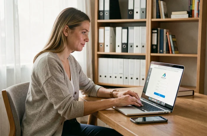 Employée en télétravail se connectant à l'extranet La Poste depuis son domicile avec authentification sécurisée
