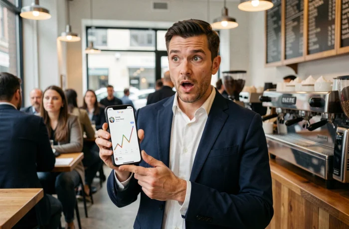Homme consultant les tendances Google Trends pour le terme tarenoi viral dans un café urbain