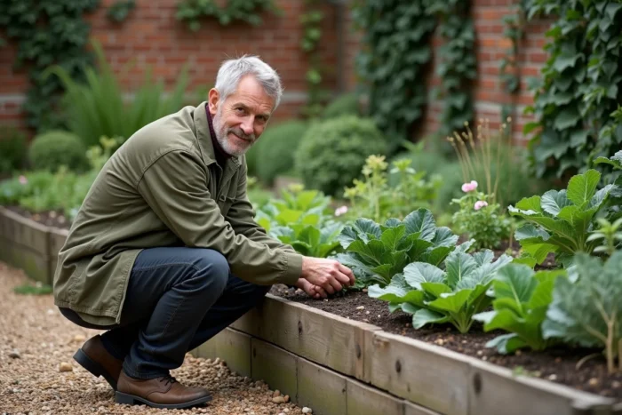 Homme plantant des semis printaniers dans un potager urbain surélevé en bois