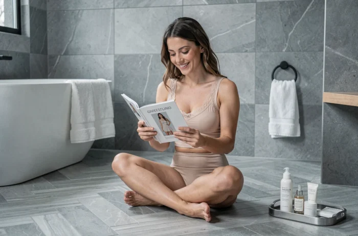 Femme détendue en lingerie seamless beige assise sur le sol d'une salle de bain scandinave, feuilletant un lookbook de tendances lingerie