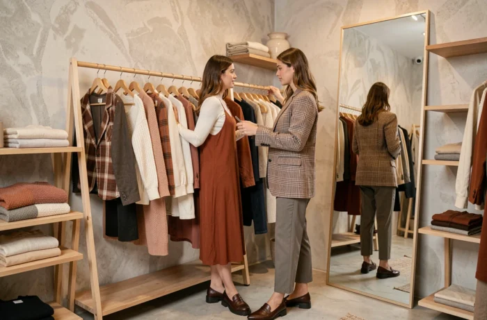 Deux femmes tendance explorant des vêtements vintage dans une boutique de mode minimaliste, illustrant les astuces de style et les tendances de la saison