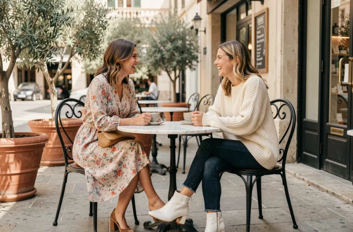 Deux femmes en tenues tendance assises en terrasse de café, style mode printanier et casual chic