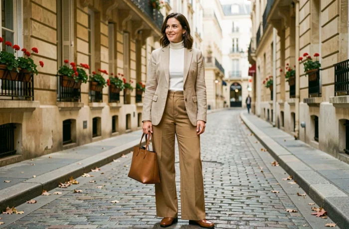 Femme élégante en blazer beige et pantalon camel dans une rue pavée parisienne, tendances mode automne
