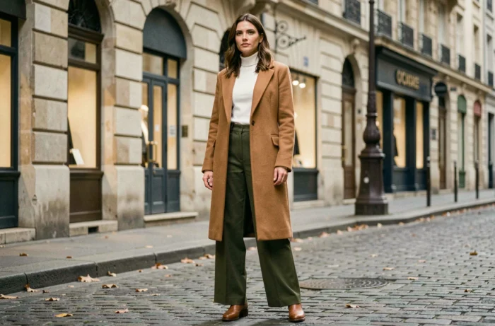Femme élégante en manteau camel et pantalon large vert olive dans une rue parisienne pavée, illustrant les tendances mode automne-hiver