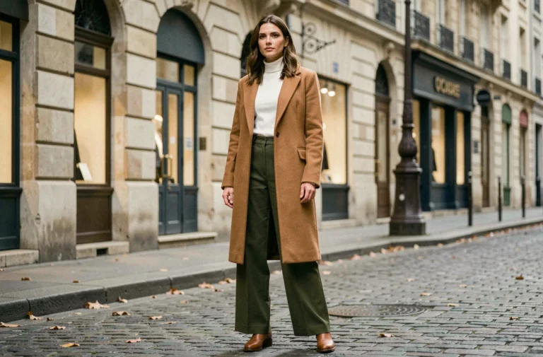 Femme élégante en manteau camel et pantalon large vert olive dans une rue parisienne pavée, illustrant les tendances mode automne-hiver