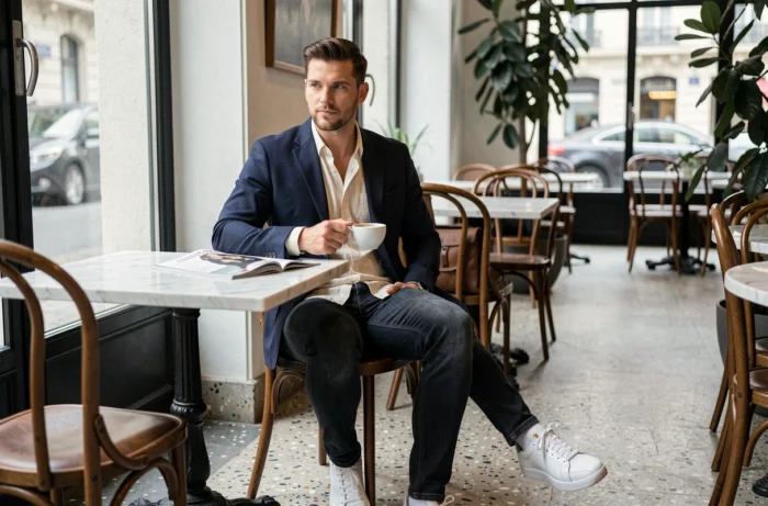 Homme stylé en blazer marine et jean slim assis dans un café parisien moderne, représentant les tendances mode masculine de la saison