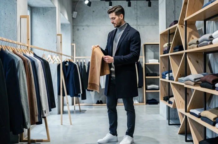 Homme stylé en manteau marine dans une boutique de mode contemporaine, tendances mode masculine hiver
