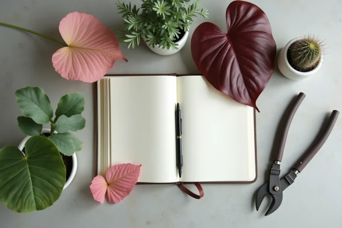 Flat-lay de plantes tendance et accessoires botaniques sur béton brut en décoration intérieure