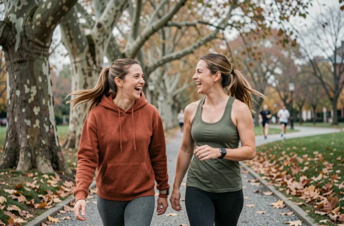 Deux femmes marchant ensemble dans un parc en automne avec des montres connectées, illustrant les habitudes de santé et de bien-être au quotidien