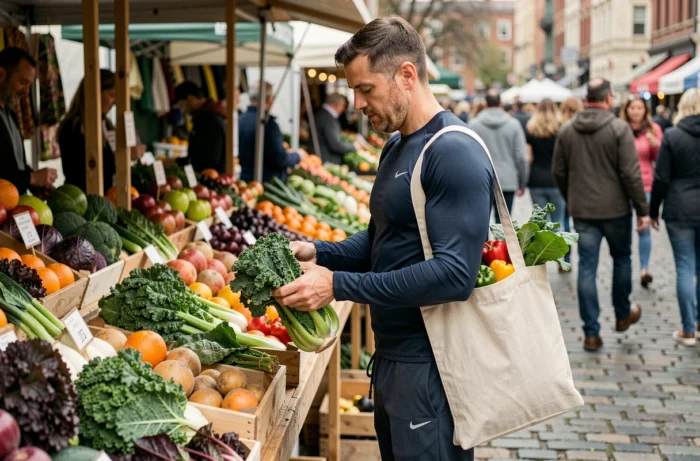 Homme choisissant des légumes frais et biologiques au marché fermier local pour une alimentation saine en 2024