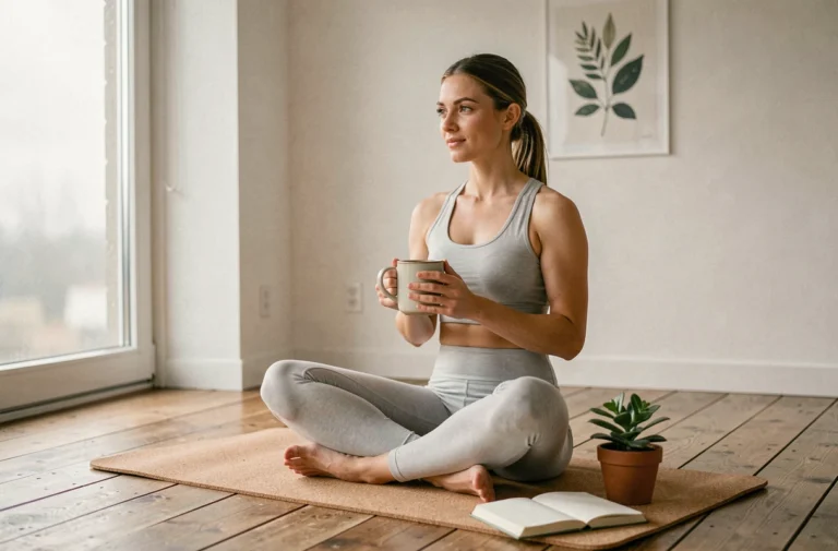 Femme pratiquant la pleine conscience le matin avec un journal de bien-être et une tisane dans un appartement scandinave minimaliste
