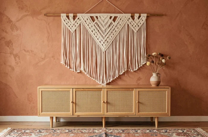 Grande tenture murale en macramé tissé à la main aux franges longues accrochée au-dessus d'un buffet en rotin dans un salon bohème et chaleureux