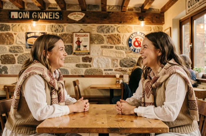 Deux femmes portant des tenues inspirées de la mode bretonne dans une crêperie en pierre, style vestimentaire breton actuel