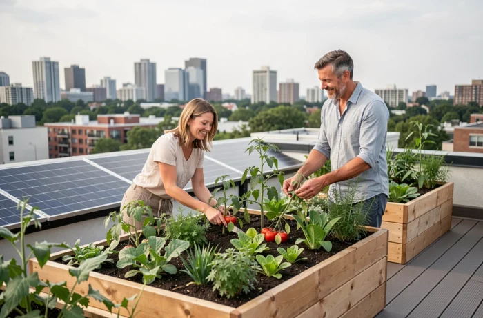 Terrasse végétalisée d'un immeuble écologique urbain avec potager communautaire et panneaux solaires