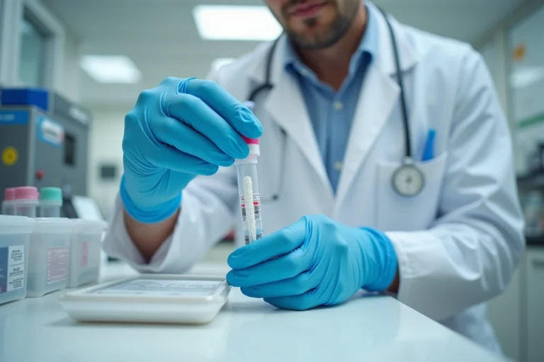 Professionnel de santé tenant un kit de prélèvement salivaire en laboratoire médical pour analyse de dépistage de cocaïne