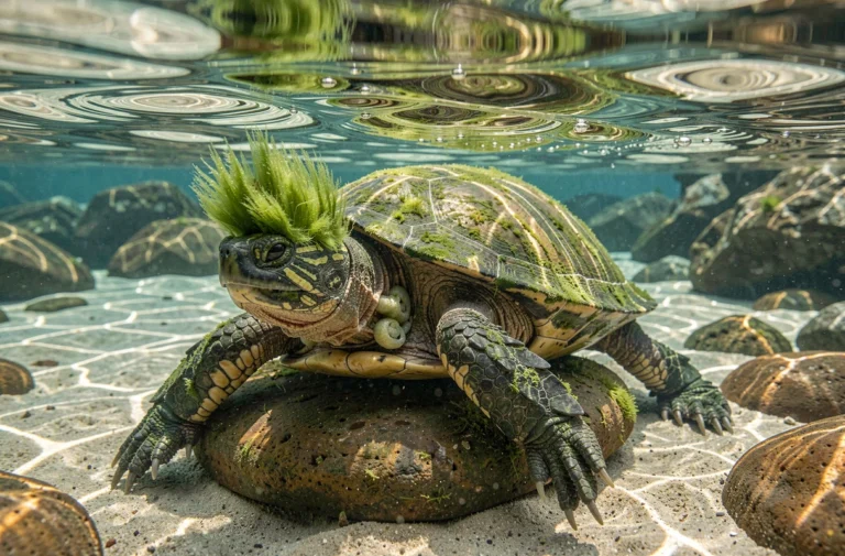 Tortue Mary River reposant sur un rocher immergé dans une rivière australienne, avec sa crête d'algues vertes caractéristique visible sous l'eau