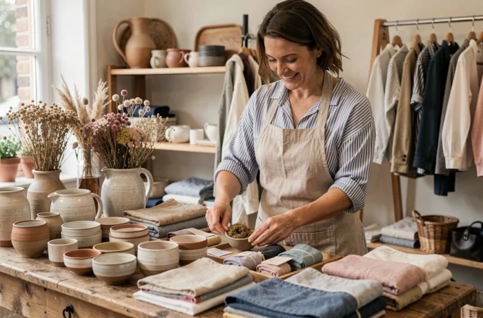 Commerçante arrangeant les nouveaux produits de saison sur une table en bois dans la boutique Agathe
