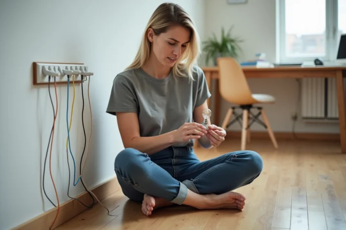 Une femme testant la prise de terre d'une multiprise à domicile avec un testeur artisanal fait maison