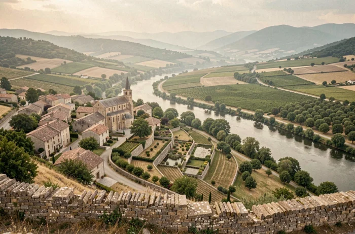 Vue panoramique d'un village typique du Lot avec maisons en calcaire, clocher et vallée verdoyante, idéal pour investissement immobilier
