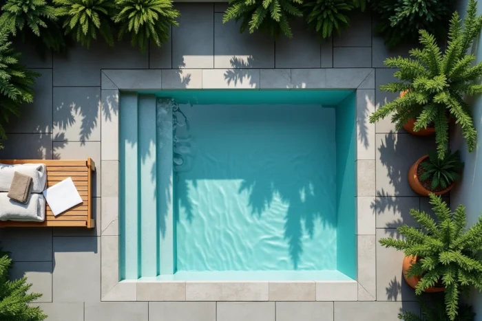 Vue aérienne d'une petite piscine de jardin aux dimensions non imposables sur une terrasse urbaine