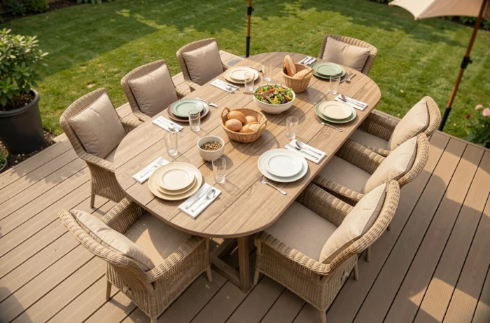 Vue aérienne d'une grande table de jardin extensible ovale dressée pour un repas en famille sur une terrasse en bois composite